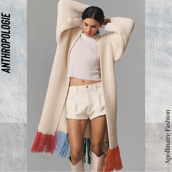 ANTHROPOLOGIE CARDI DUSTER MULTI COLORED FRINGED IN CREME NWOT OS - Picture 2 of 6